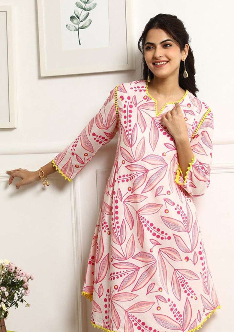 Pink Floral Print Blended A Line Kurta Set - Indya