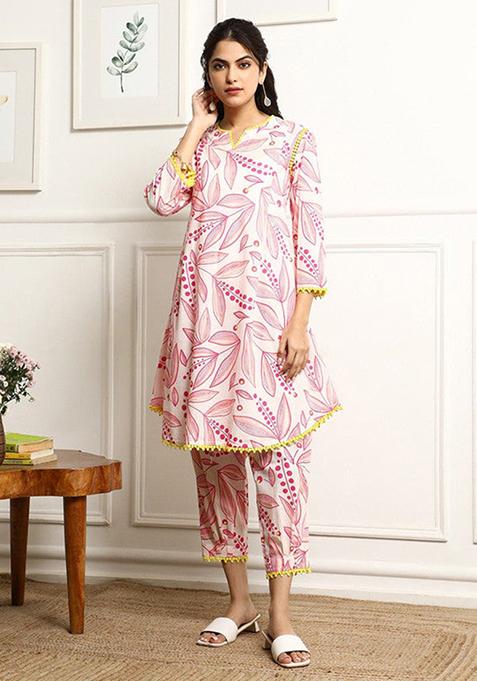 Pink Printed Cotton Blend Kurta Set