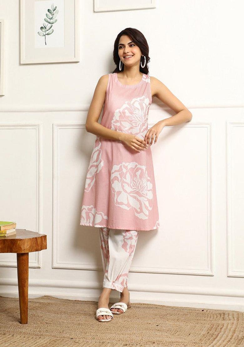 Pink Printed Cotton Blend Kurta Set