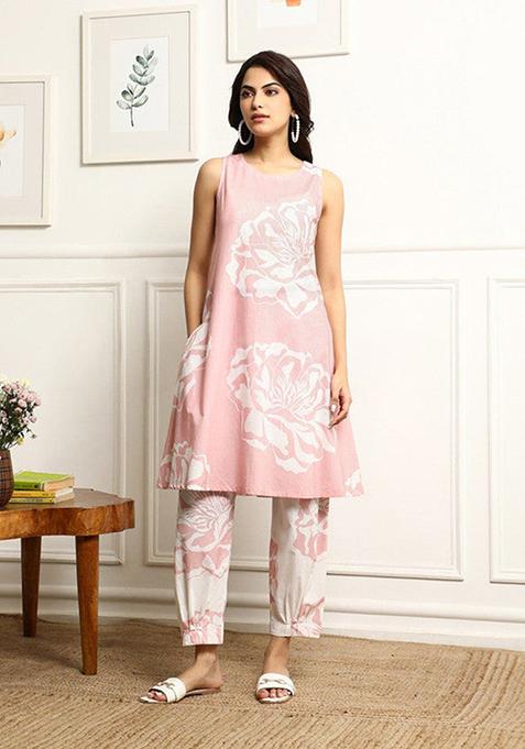 Pink Printed Cotton Blend Kurta Set