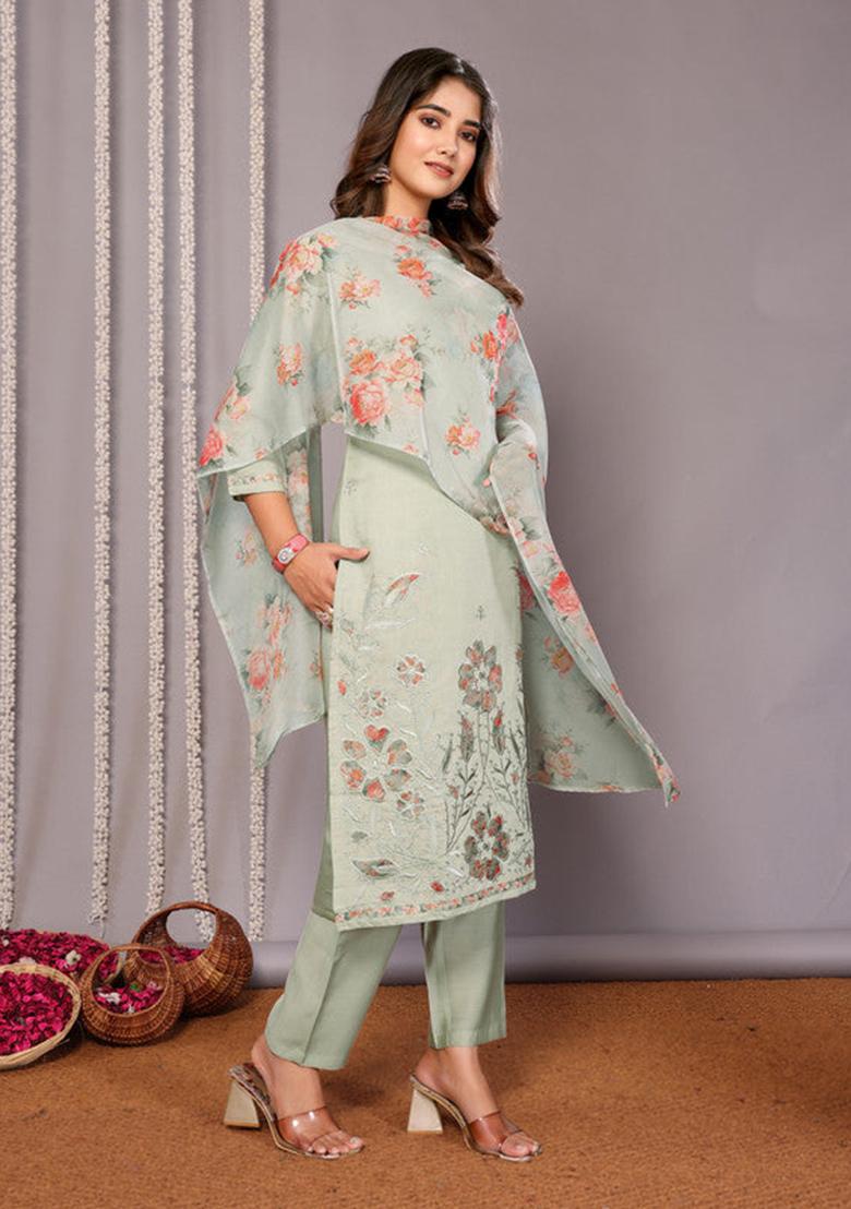 Light Green Embroidered Chanderi Kurta Set