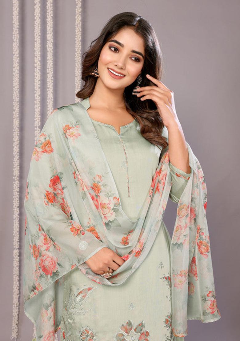 Light Green Embroidered Chanderi Kurta Set