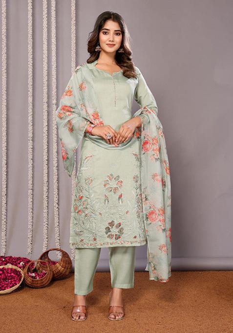 Light Green Embroidered Chanderi Kurta Set