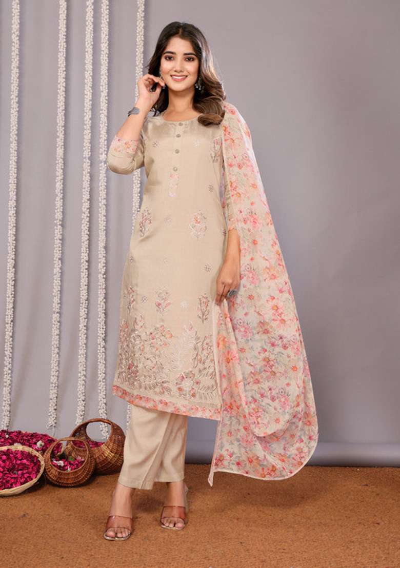 Beige Embroidered Chanderi Straight Kurta Set - Indya