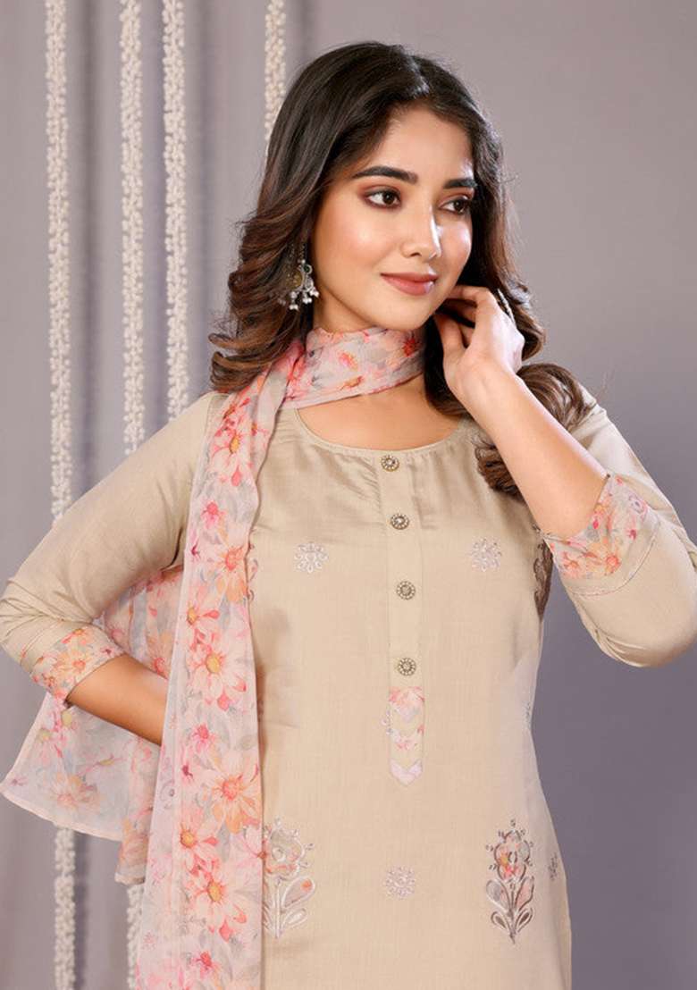Beige Embroidered Chanderi Straight Kurta Set - Indya
