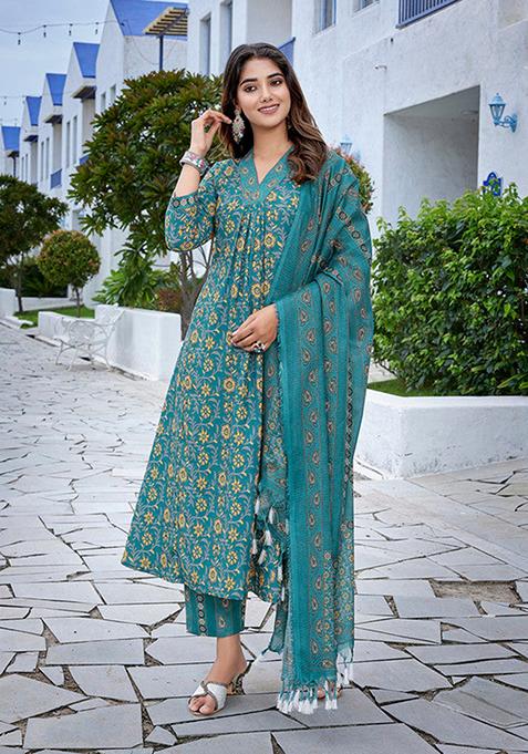 Teal Blue Printed Viscose Kurta Set