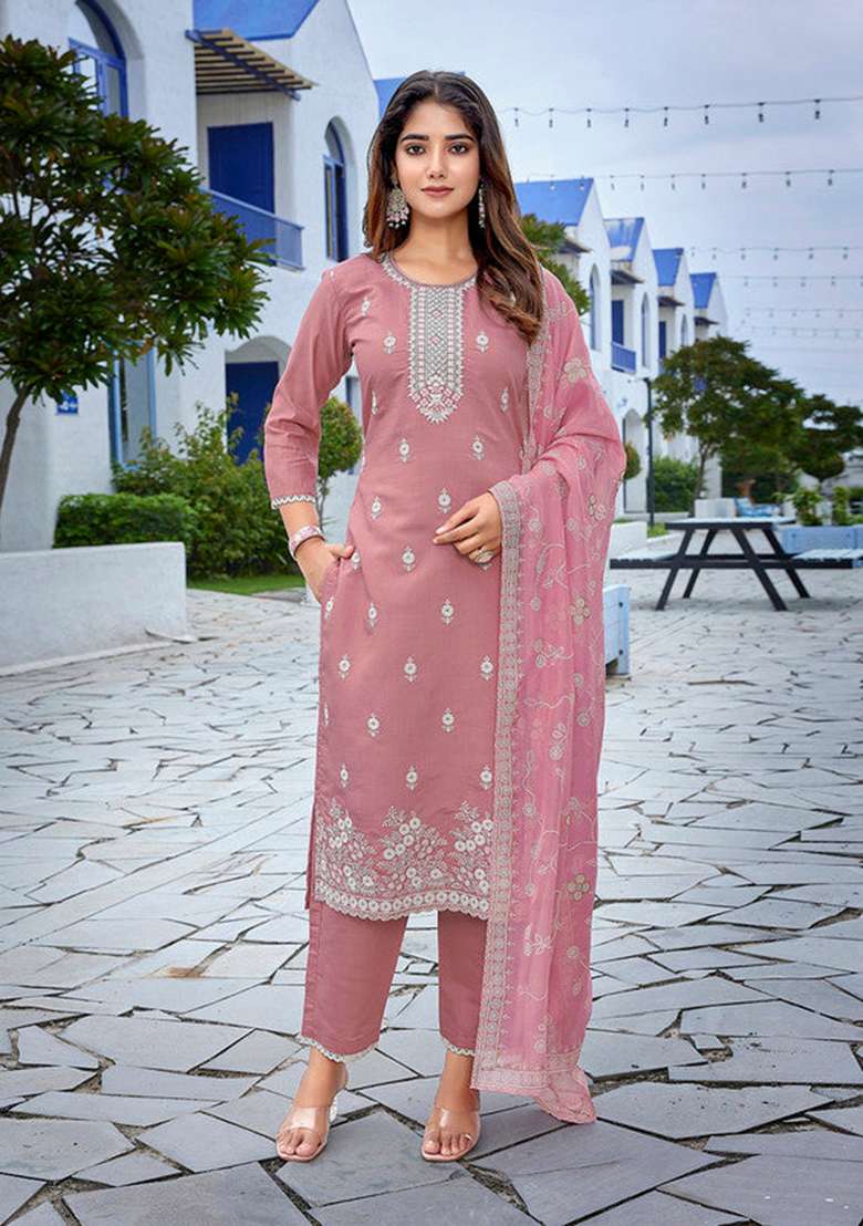 Mauve Pink Embroidered Chanderi Straight Kurta Set - Indya