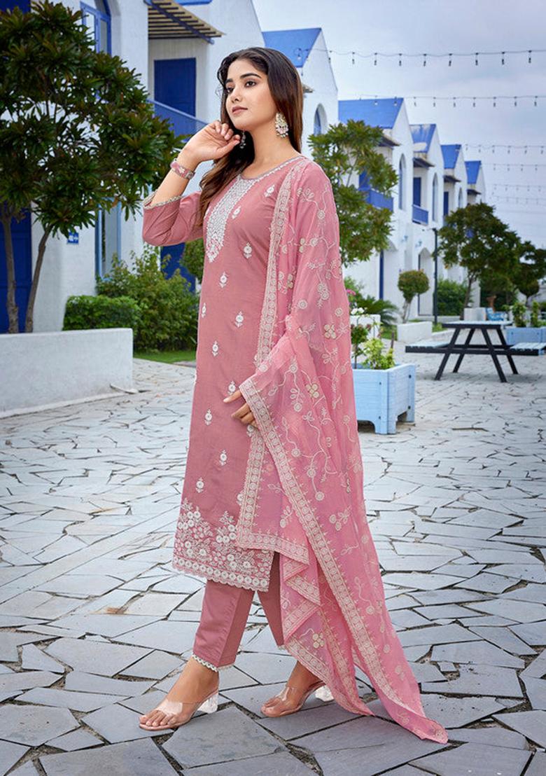 Mauve pink Embroidered Chanderi Kurta Set