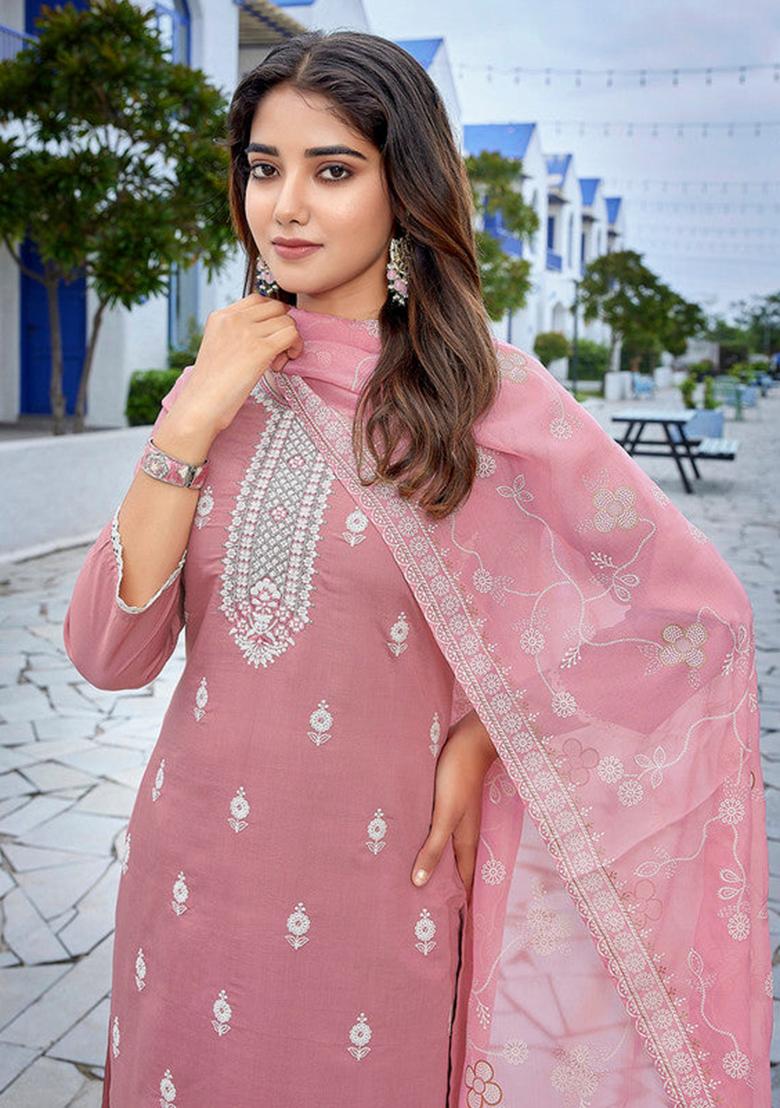 Mauve pink Embroidered Chanderi Kurta Set