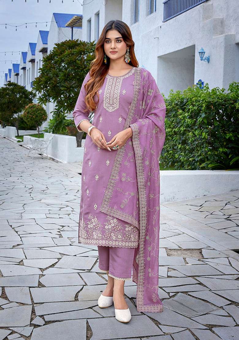Purple Embroidered Chanderi Straight Kurta Set - Indya