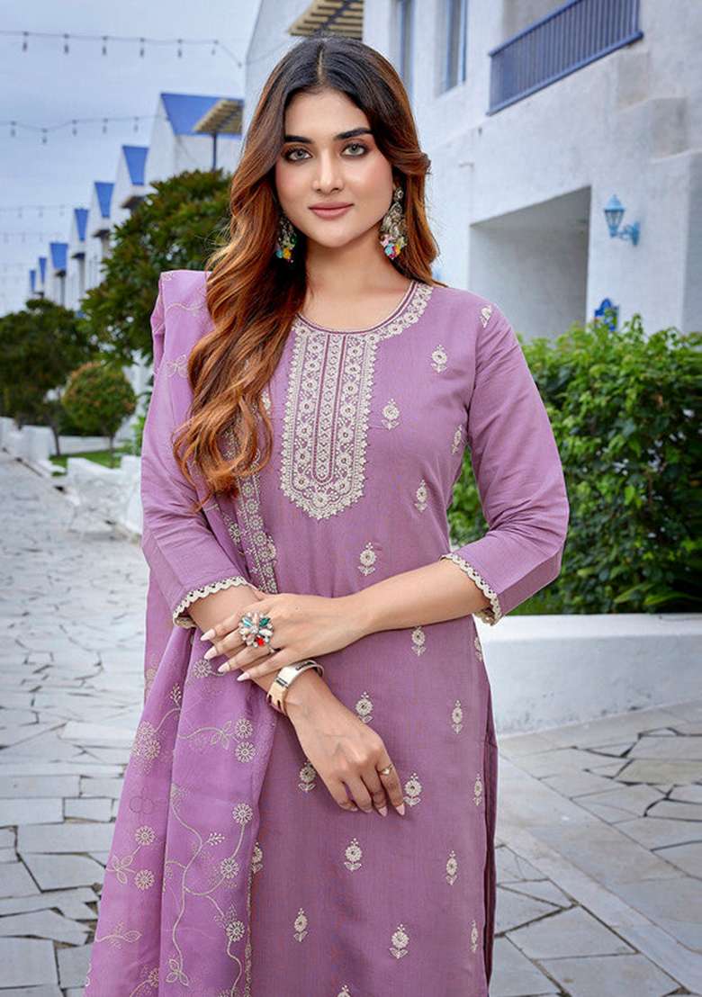 Purple Embroidered Chanderi Straight Kurta Set - Indya