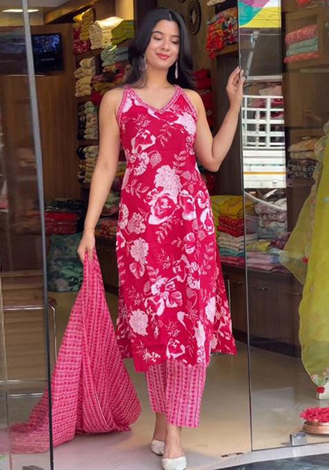 Pink Printed Viscose Kurta Set