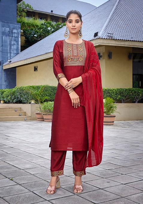 Red Solid Silk Blend Kurta Set