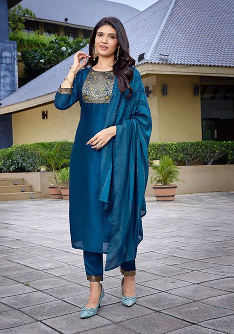 Teal Blue Solid Silk Blend Kurta Set