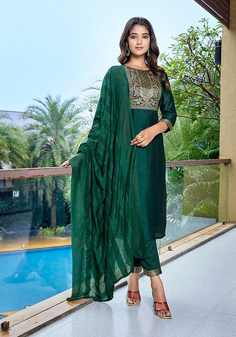 Green Solid Silk Blend Kurta Set