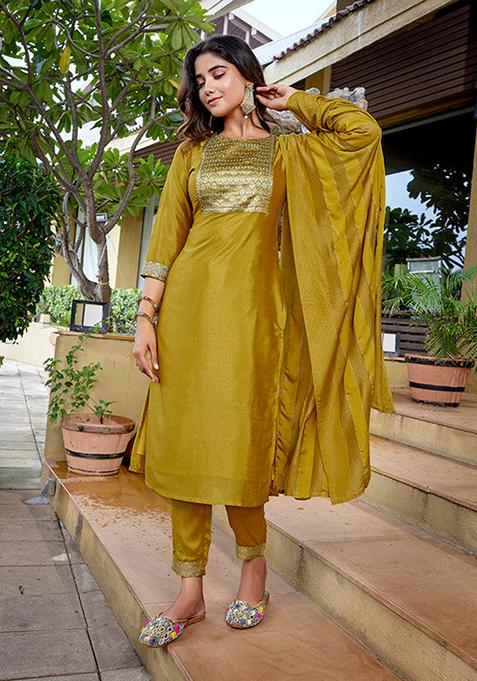 Mustard Solid Silk Blend Kurta Set