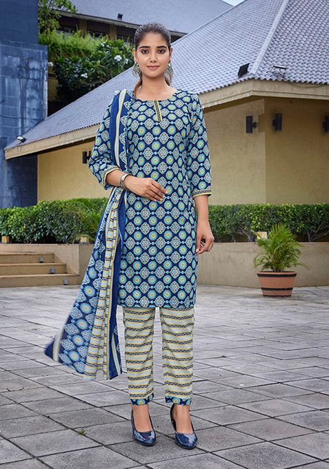 Blue Printed Cotton Blend Kurta Set