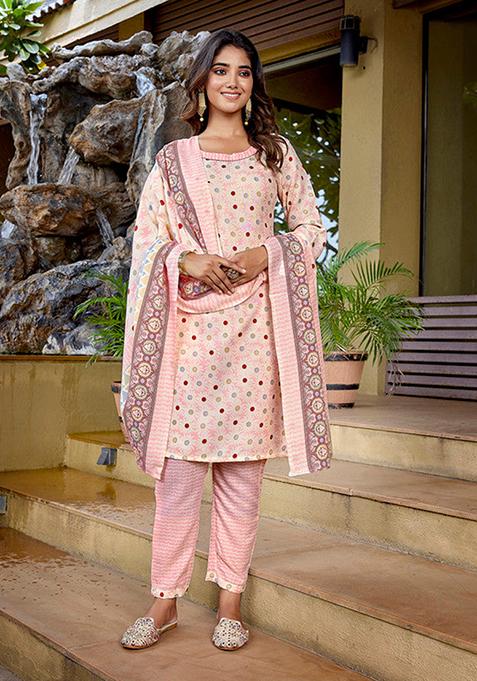 Baby Pink Printed Cotton Blend Kurta Set