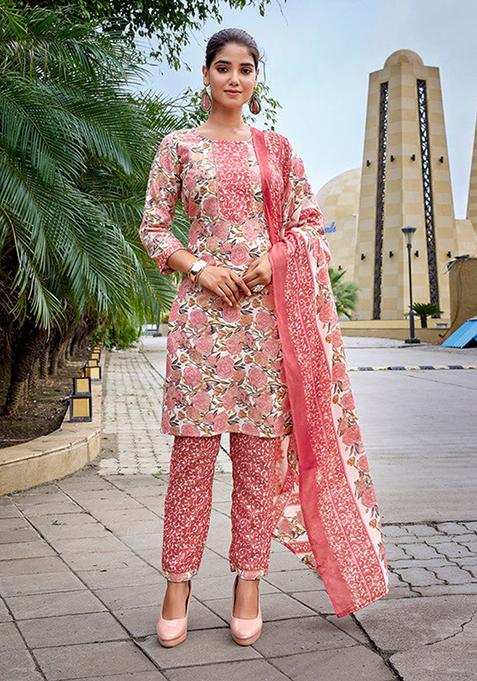 White And Pink Printed Cotton Blend Kurta Set