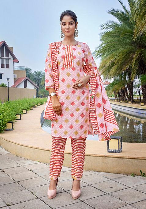 Pink Printed Cotton Blend Kurta Set