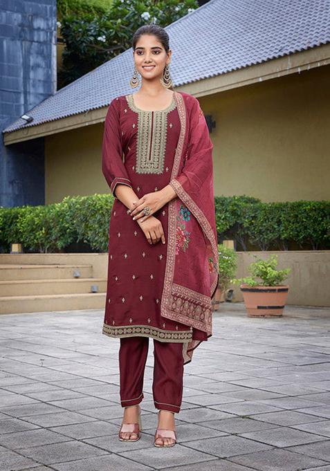 Maroon Embroidered Viscose Chanderi Kurta Set