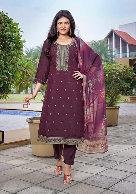 Wine Embroidered Viscose Chanderi Kurta Set