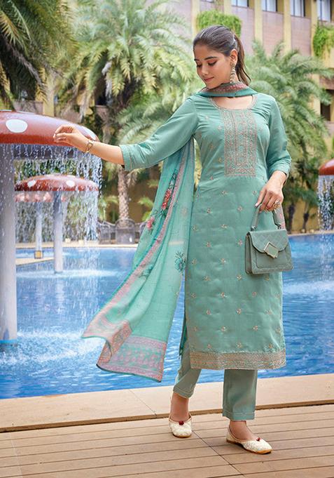 Sea Green Embroidered Viscose Chanderi Kurta Set