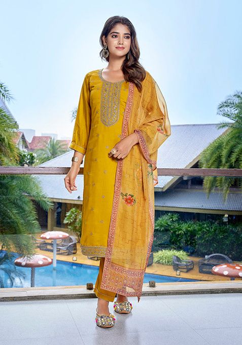 Yellow Embroidered Viscose Chanderi Kurta Set