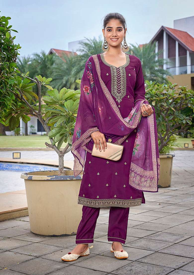 Purple Embroidered Chanderi Straight Kurta Set - Indya