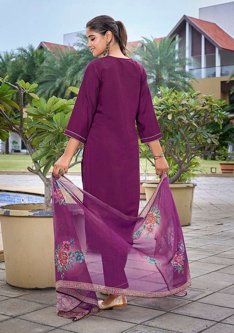Purple Embroidered Chanderi Straight Kurta Set - Indya