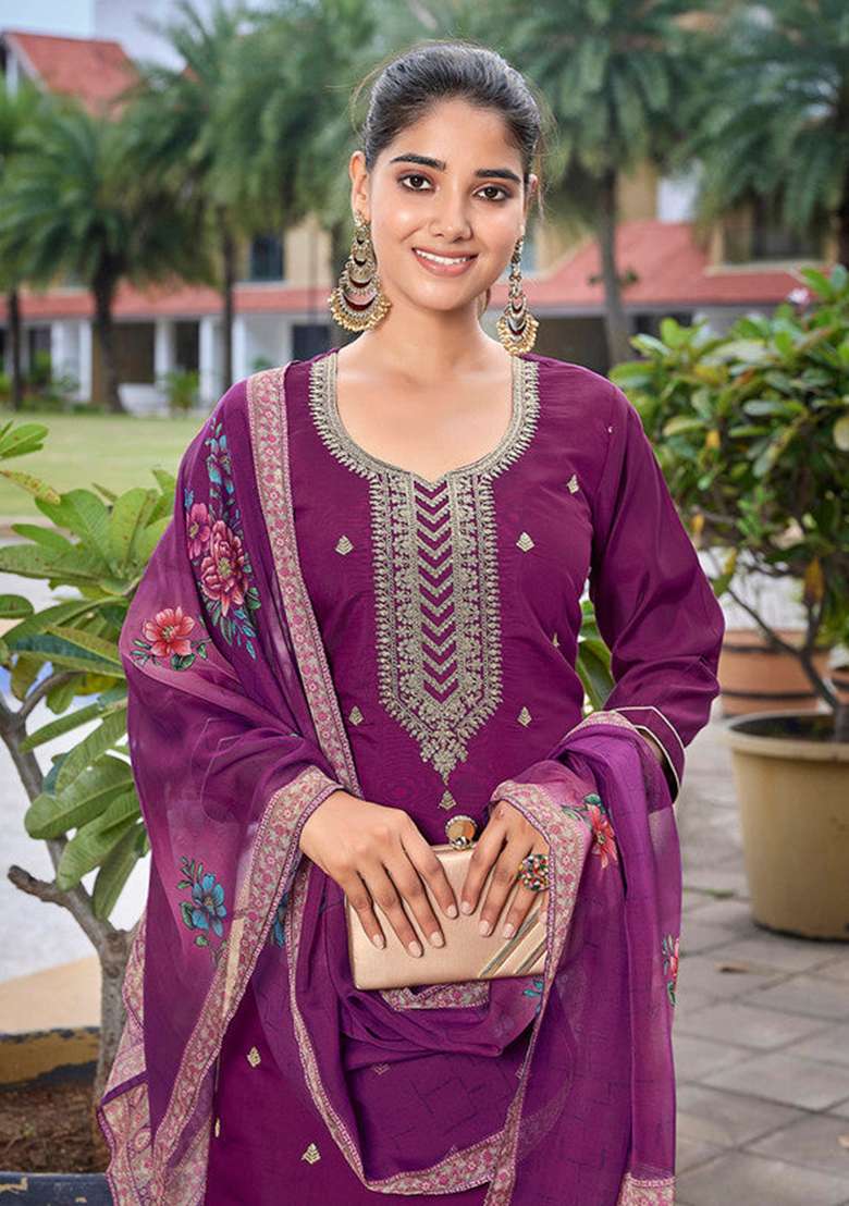 Purple Embroidered Chanderi Straight Kurta Set - Indya