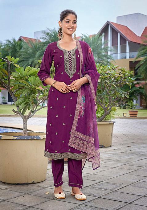 Purple Embroidered Viscose Chanderi Kurta Set