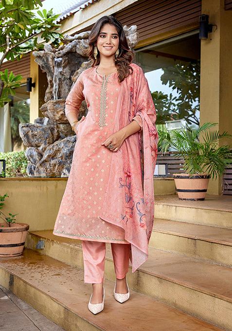 Pink Woven Chanderi Kurta Set