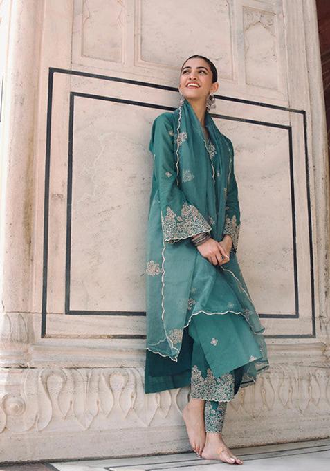 Pine Green Embroidered Viscose Chanderi Kurta Set