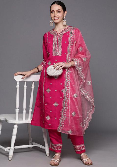 Pink Embroidered Viscose Kurta Set