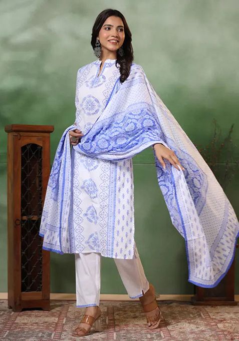 White And Blue Printed Viscose Kurta Set