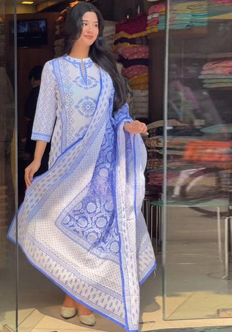 White And Blue Printed Viscose Kurta Set