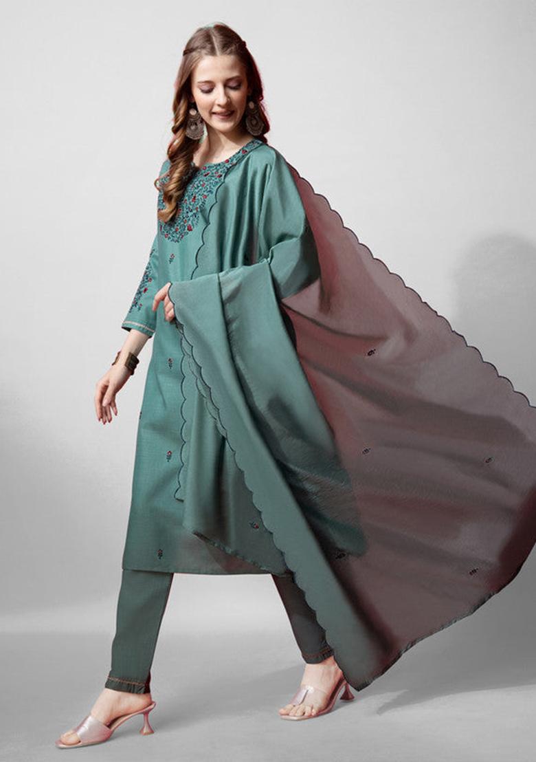 Teal Blue Embroidered Cotton Blend Kurta Set