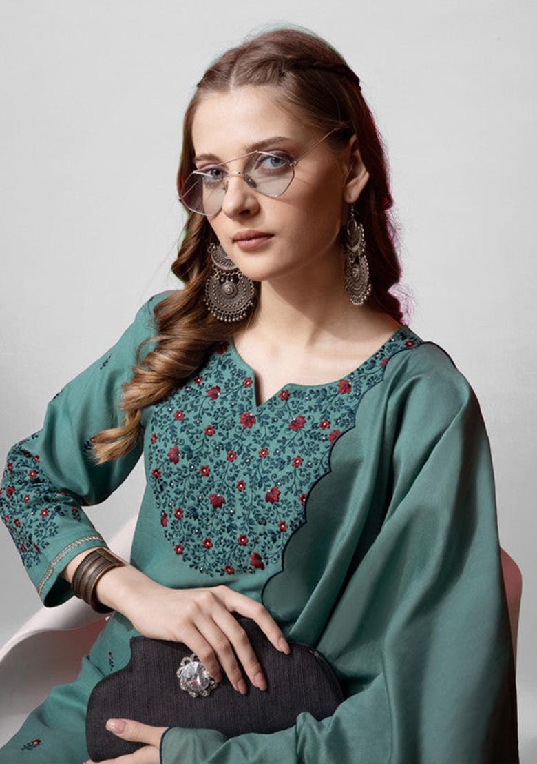 Teal Blue Embroidered Cotton Blend Kurta Set