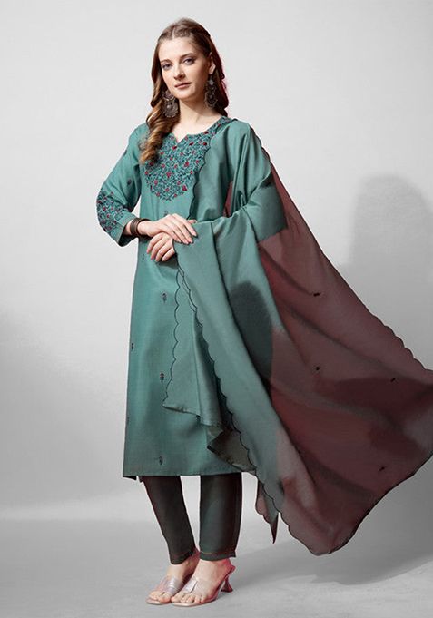 Teal Blue Embroidered Cotton Blend Kurta Set