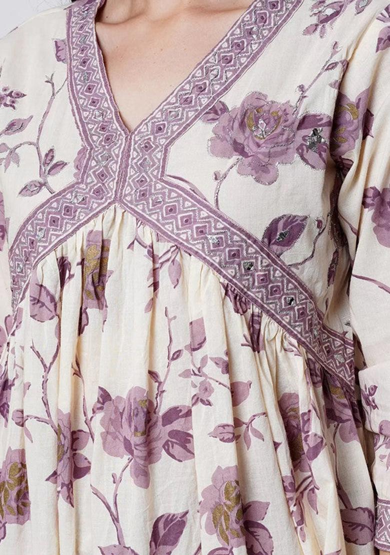 Lavender Printed Cotton Kurta Set