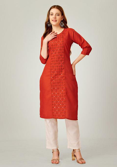 Brown Embroidered Cotton Blend Kurta Set