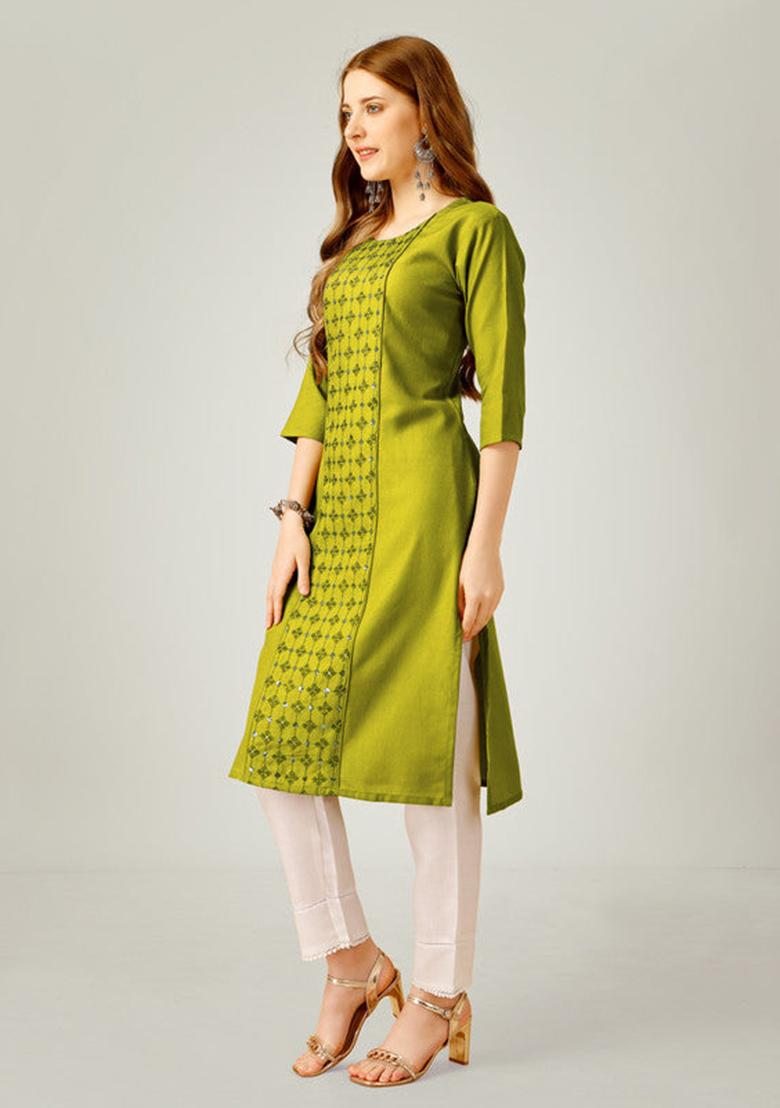 Green Embroidered Cotton Blend Kurta Set