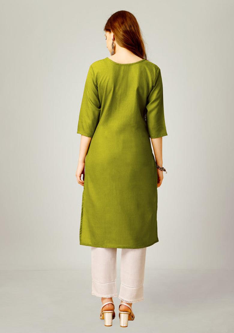 Green Embroidered Cotton Blend Kurta Set