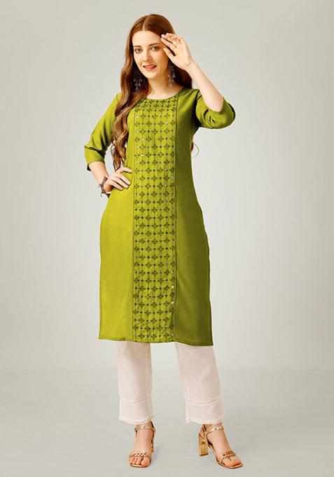 Green Embroidered Cotton Blend Kurta Set