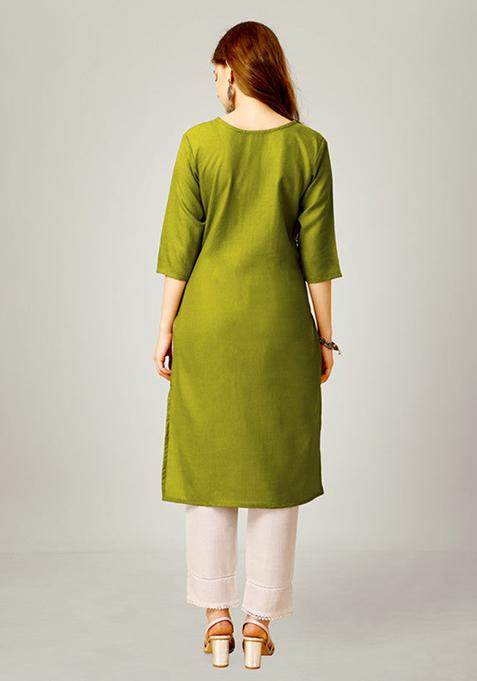 Green Embroidered Cotton Blend Kurta Set
