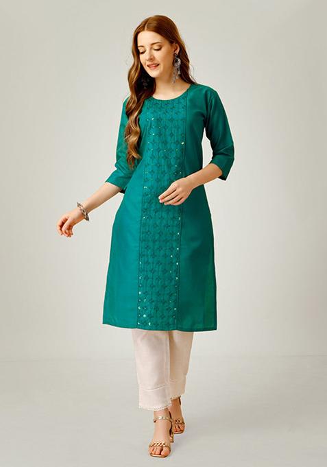 Light Green Embroidered Cotton Blend Kurta Set