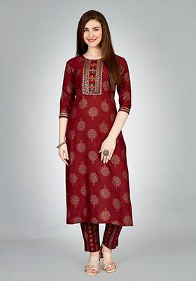 Maroon Embroidered Rayon Kurta Set