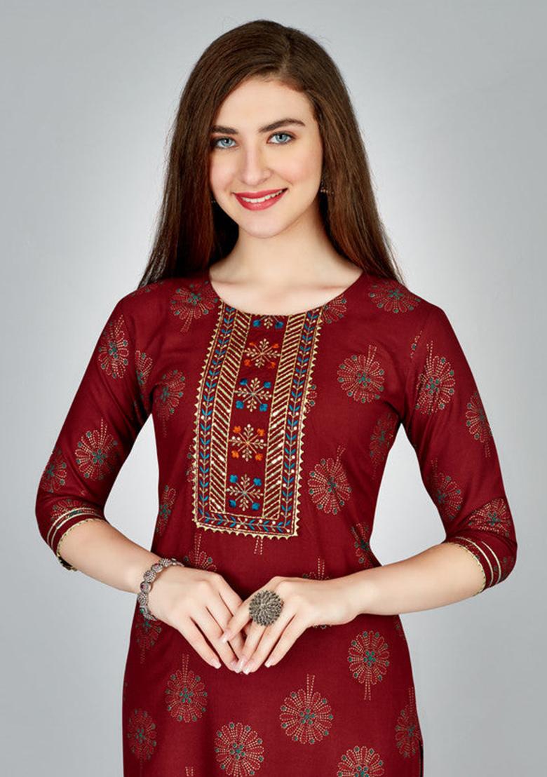 Maroon Embroidered Rayon Kurta Set - Indya