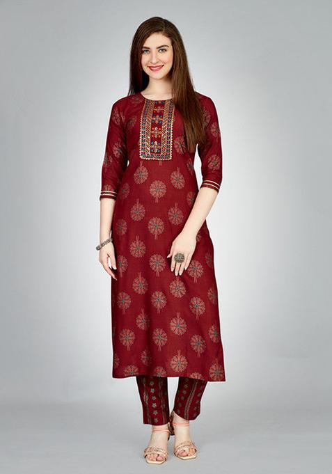 Maroon Embroidered Rayon Kurta Set